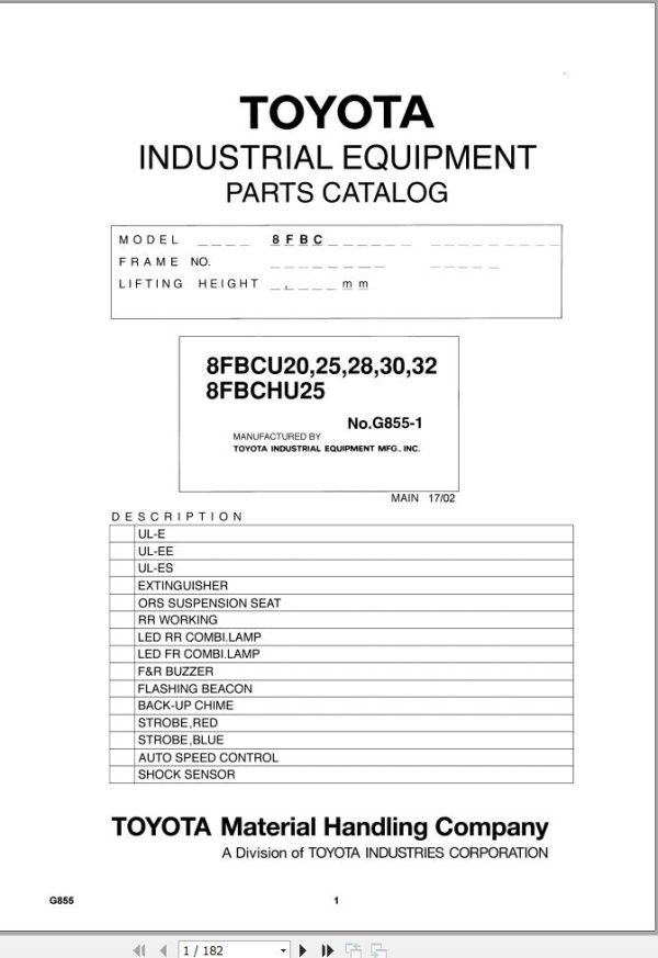Toyota Forklift 8FBCU20 to 8FBCU 32 8FBCHU25 Parts Catalog EN DE FR ES