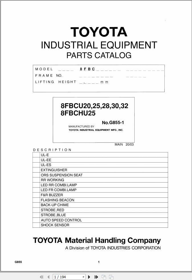 Toyota Forklift 8FBCU20 to 8FBCU32 8FBCHU25 Parts Catalog EN FR DE ES