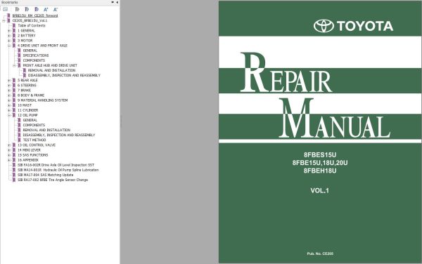 Toyota Forklift 8FBE15U to 8FBE20U 8FBES15U 8FBEH18U Repair Manual