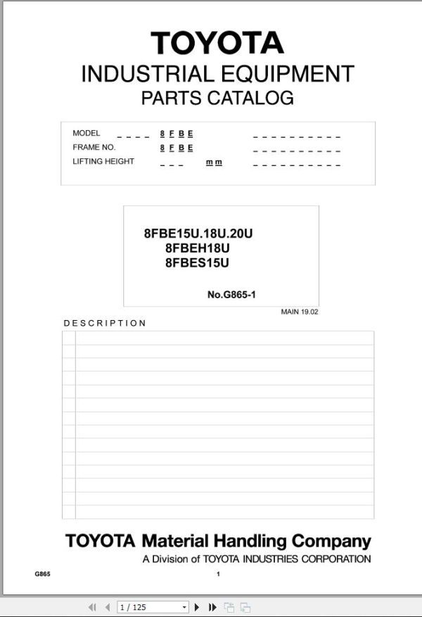Toyota Forklift 8FBE15U to 8FBES15U Parts Catalog EN ES FR DE