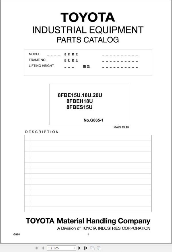 Toyota Forklift 8FBE15U to 8FBES15U Parts Catalog EN FR DE ES