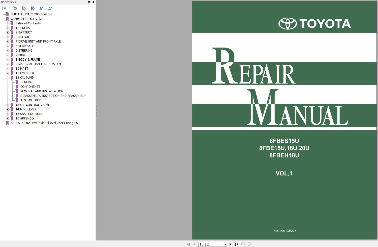 Toyota Forklift 8FBES15U 8FBE15U to 8FBE20U 8FBEH18U Repair Manual