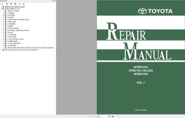 Toyota Forklift 8FBES15U to 8FBEH18U Repair Manual