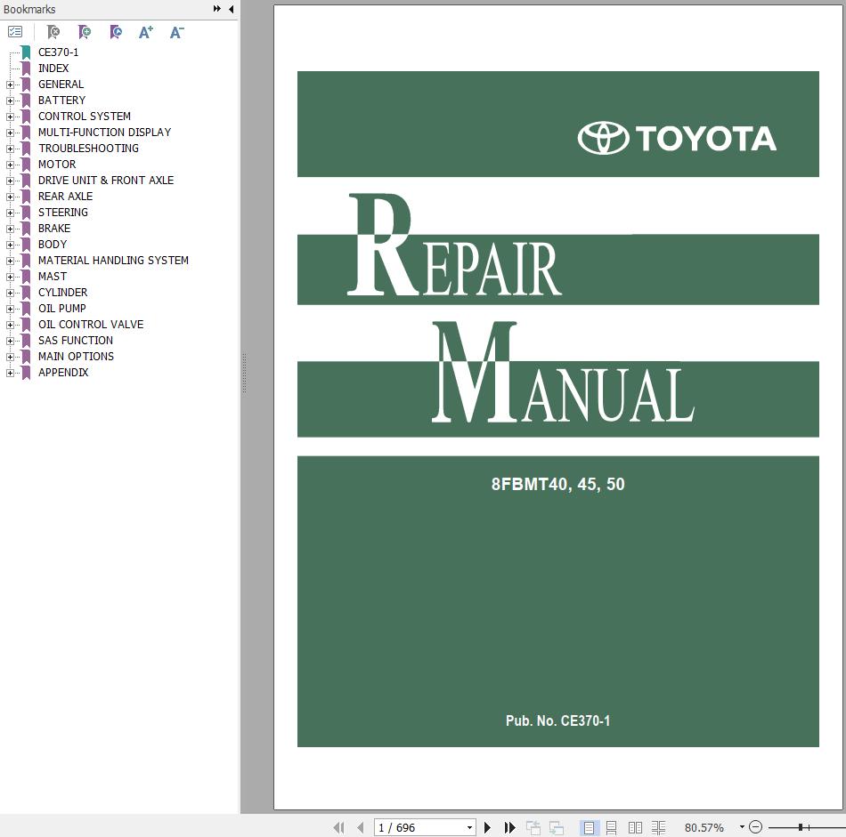 Toyota Forklift 8FBMT40 8FBMT45 8FBMT50 Repair Manual
