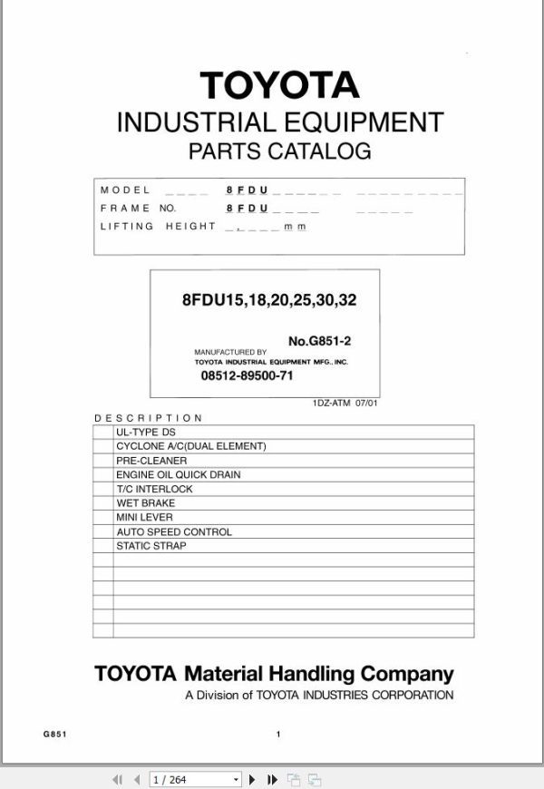 Toyota Forklift 8FDU15 to 8FDU32 Parts Catalog EN DE FR ES