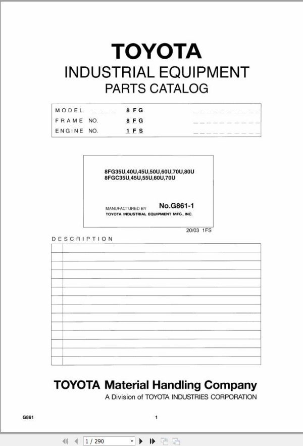 Toyota Forklift 8FG35U to 8FG80U 8FGC35U to 8FGC70U Parts Catalog