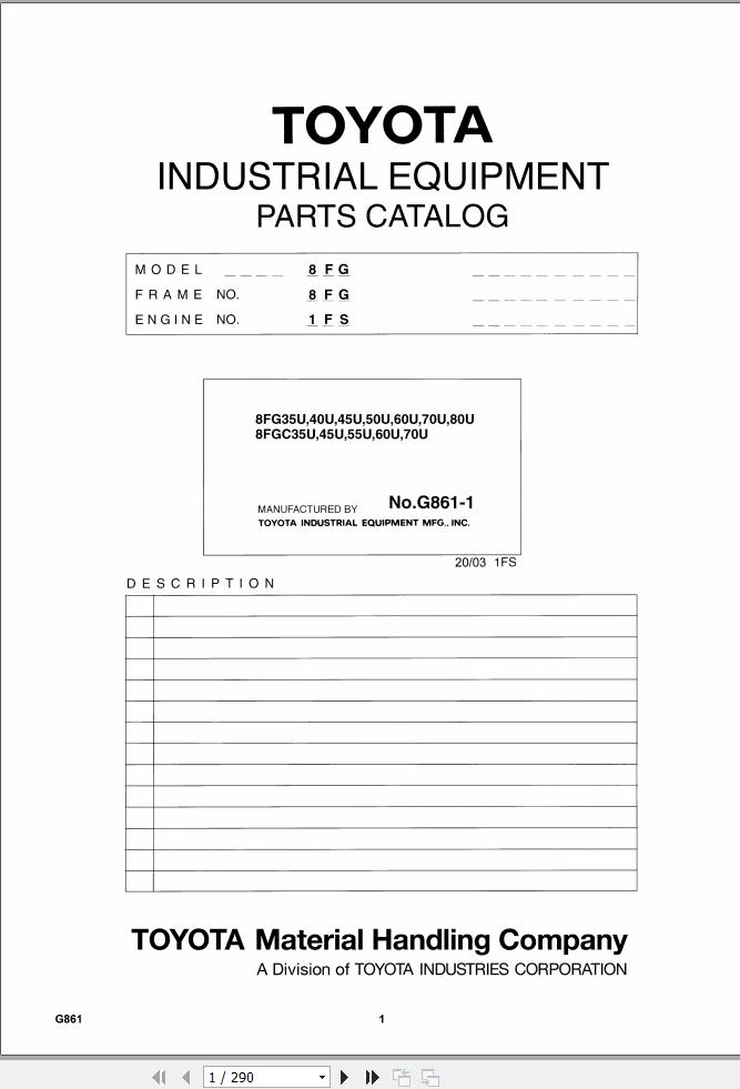 Toyota Forklift 8FG35U to 8FG80U 8FGC35U to 8FGC70U Parts Catalog