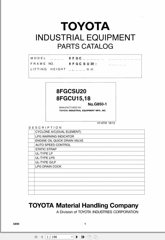Toyota Forklift 8FGCSU20 8FGCU15 8FGCU18 Parts Catalog