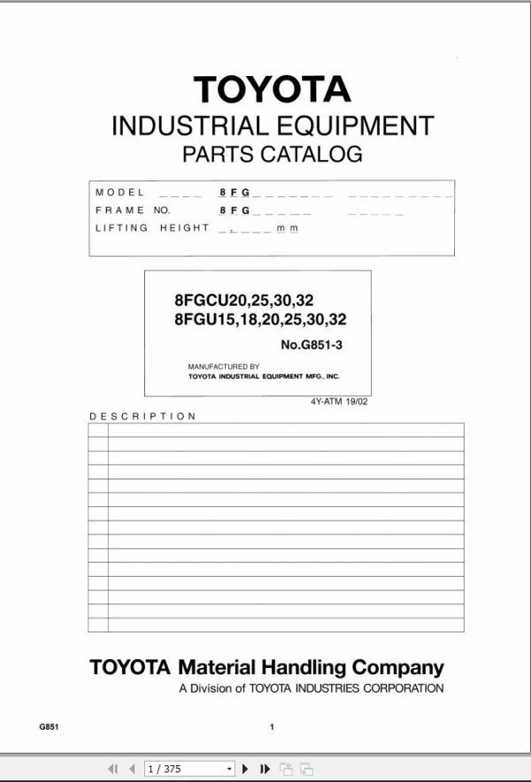 Toyota Forklift 8FGCU20 to 8FGCU32 8FGU15 to 8FGU32 Parts Catalog