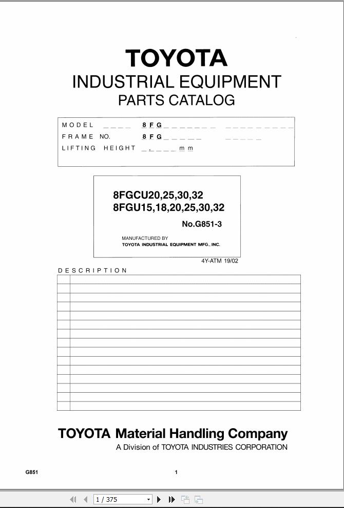 Toyota Forklift 8FGCU20 to 8FGCU32 8FGU15 to 8FGU32 Parts Catalog