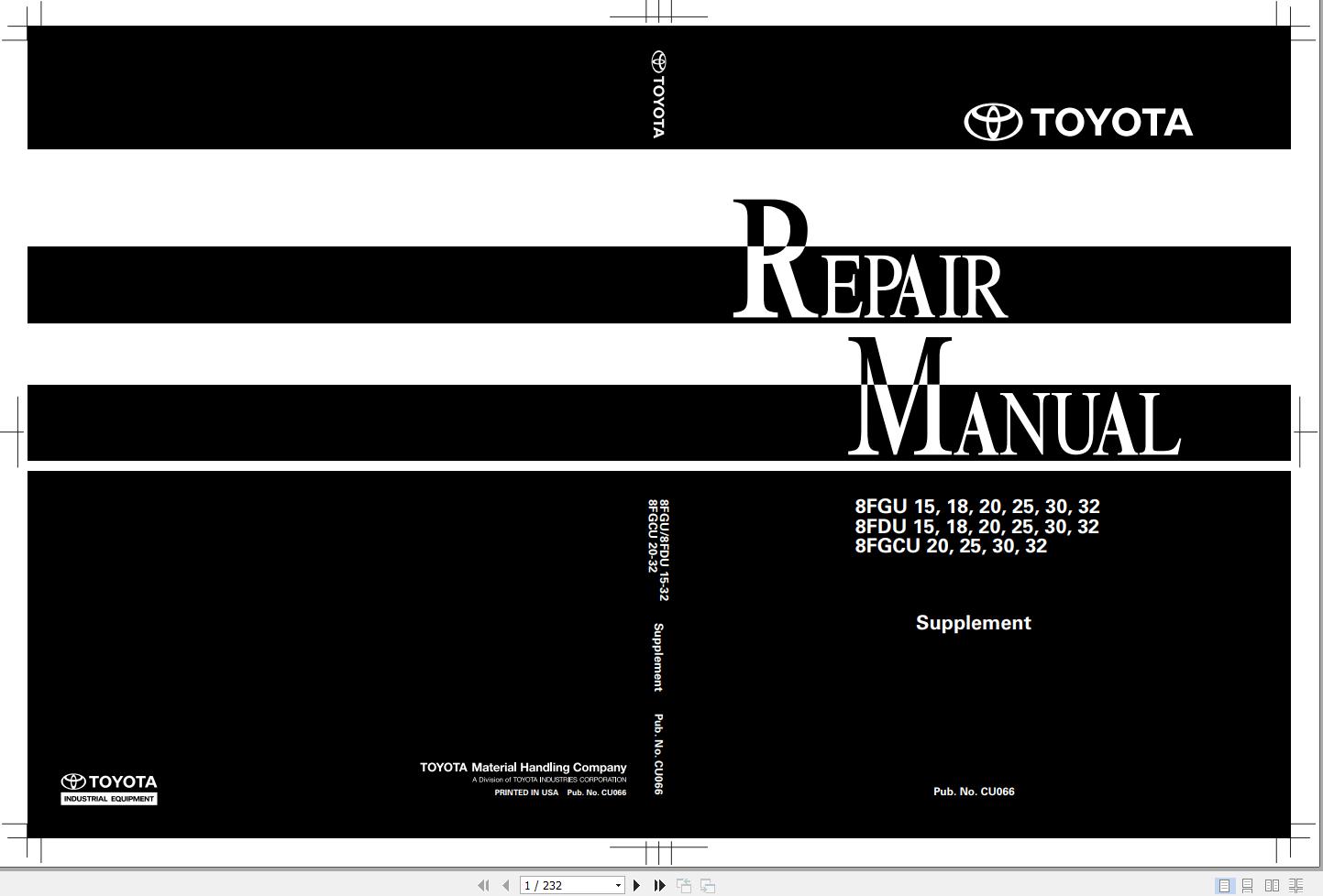 Toyota Forklift 8FGU15 to 8FDU32 8FGCU20 to 8FGCU32 Repair Manual CU066