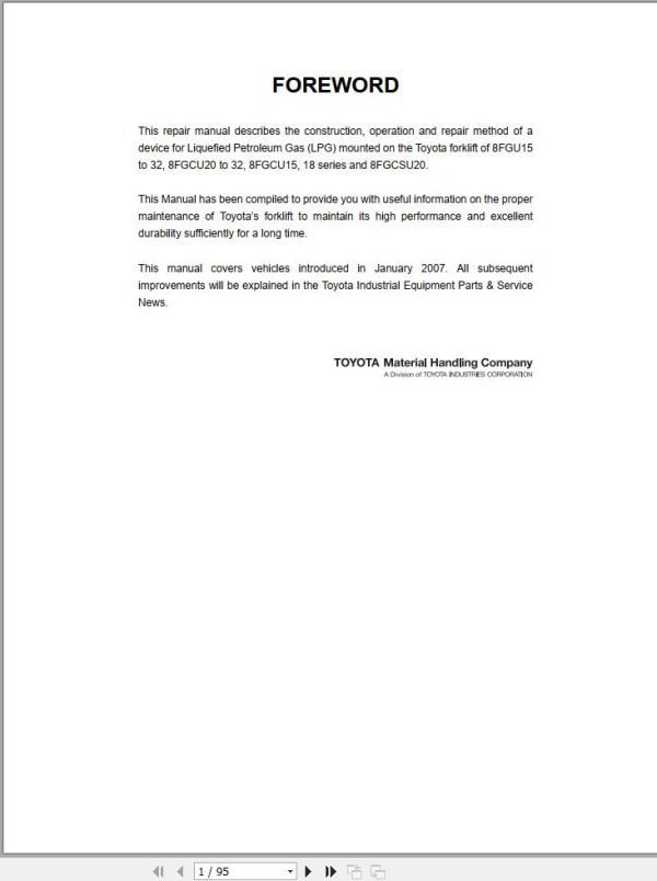 Toyota Forklift 8FGU15 to 8FGCSU20 Repair Manual