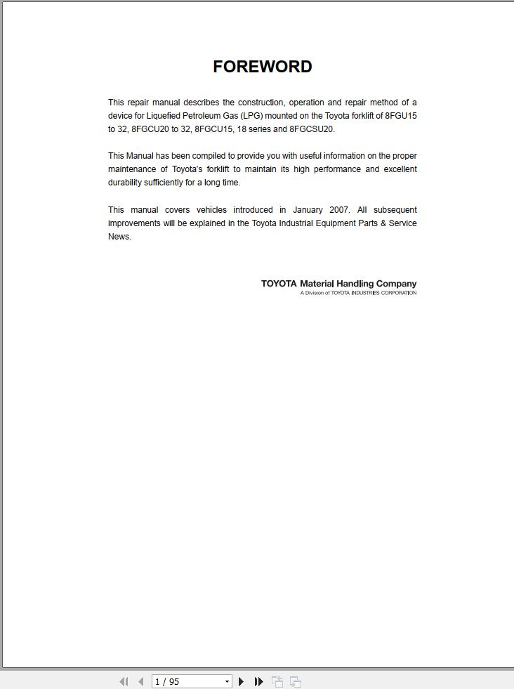 Toyota Forklift 8FGU15 to 8FGCSU20 Repair Manual