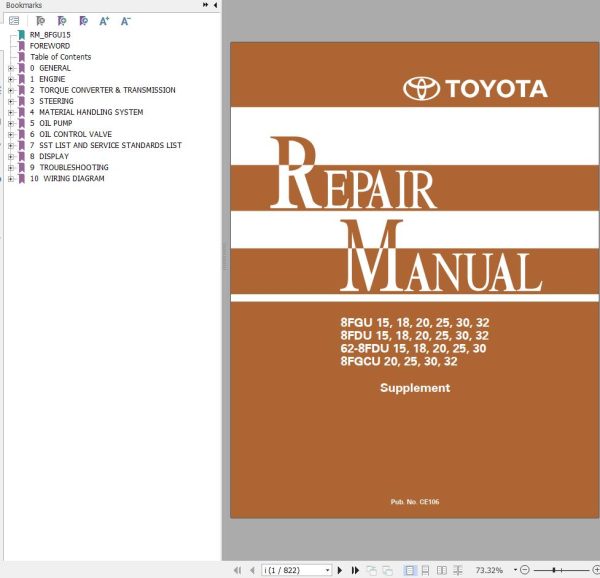 Toyota Forklift 8FGU15 to 8FGCU32 Repair Manual CE106