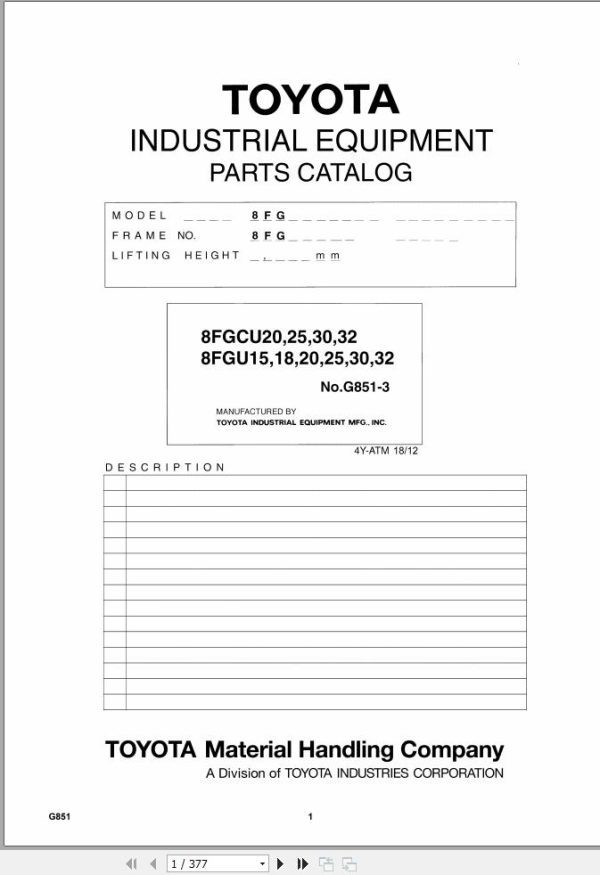 Toyota Forklift 8FGU15 to 8FGU32 8FGCU20 to 8FGCU32 Parts Catalog EN DE FR ES