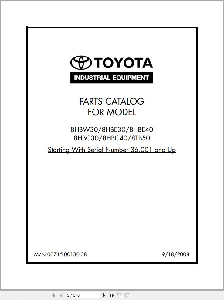 Toyota Forklift 8HBW30 to 8TB50 Parts Catalog
