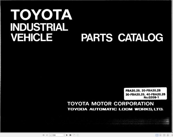 Toyota Forklift FBA20 to 40 FBA25 Parts Catalog