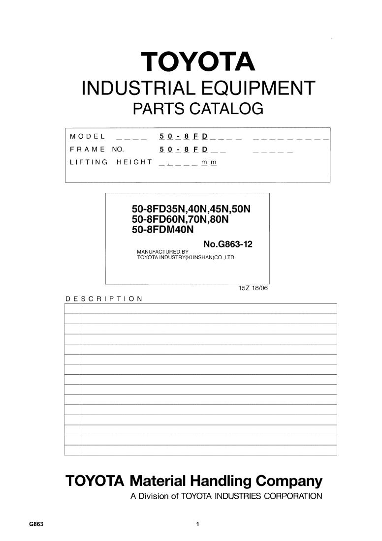 Toyota Industrial Equipment 50 8FD35N to 50 8FD80N Parts Catalog 1