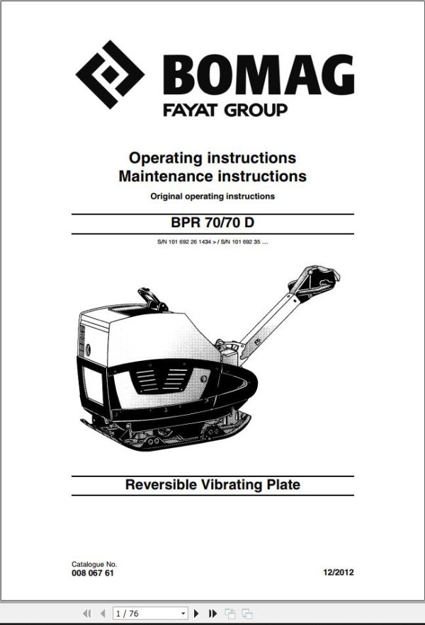 Bomag Machinery BPR70 BPR70D Maintenance Manual Electrical Schematic Operating Instructions EN DE NL