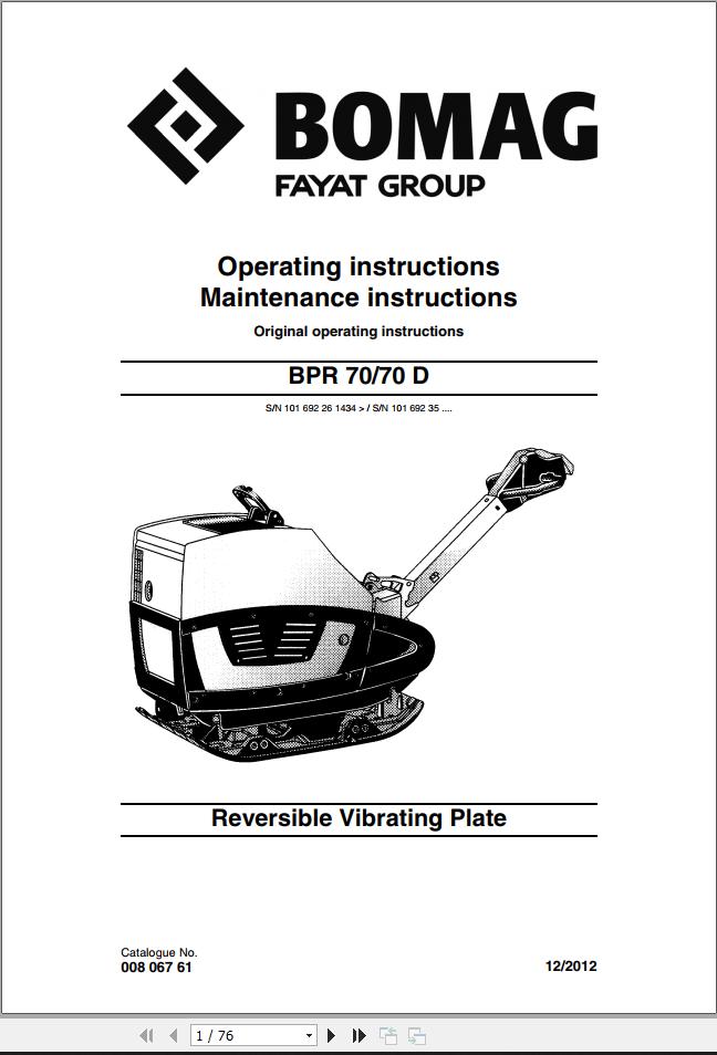 Bomag Machinery BPR70 BPR70D Maintenance Manual Electrical Schematic Operating Instructions EN DE NL