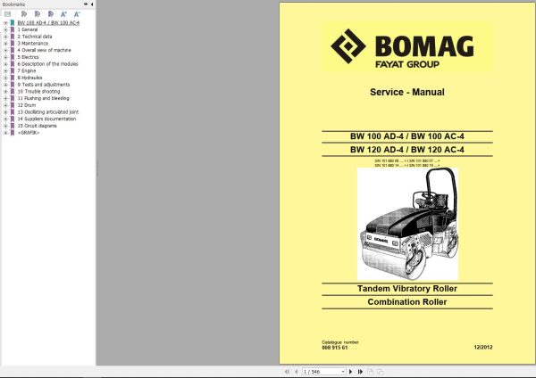 Bomag Machinery BW100AC 4 Service Manual Service Training Operating And Maintenance Instructions EN ES