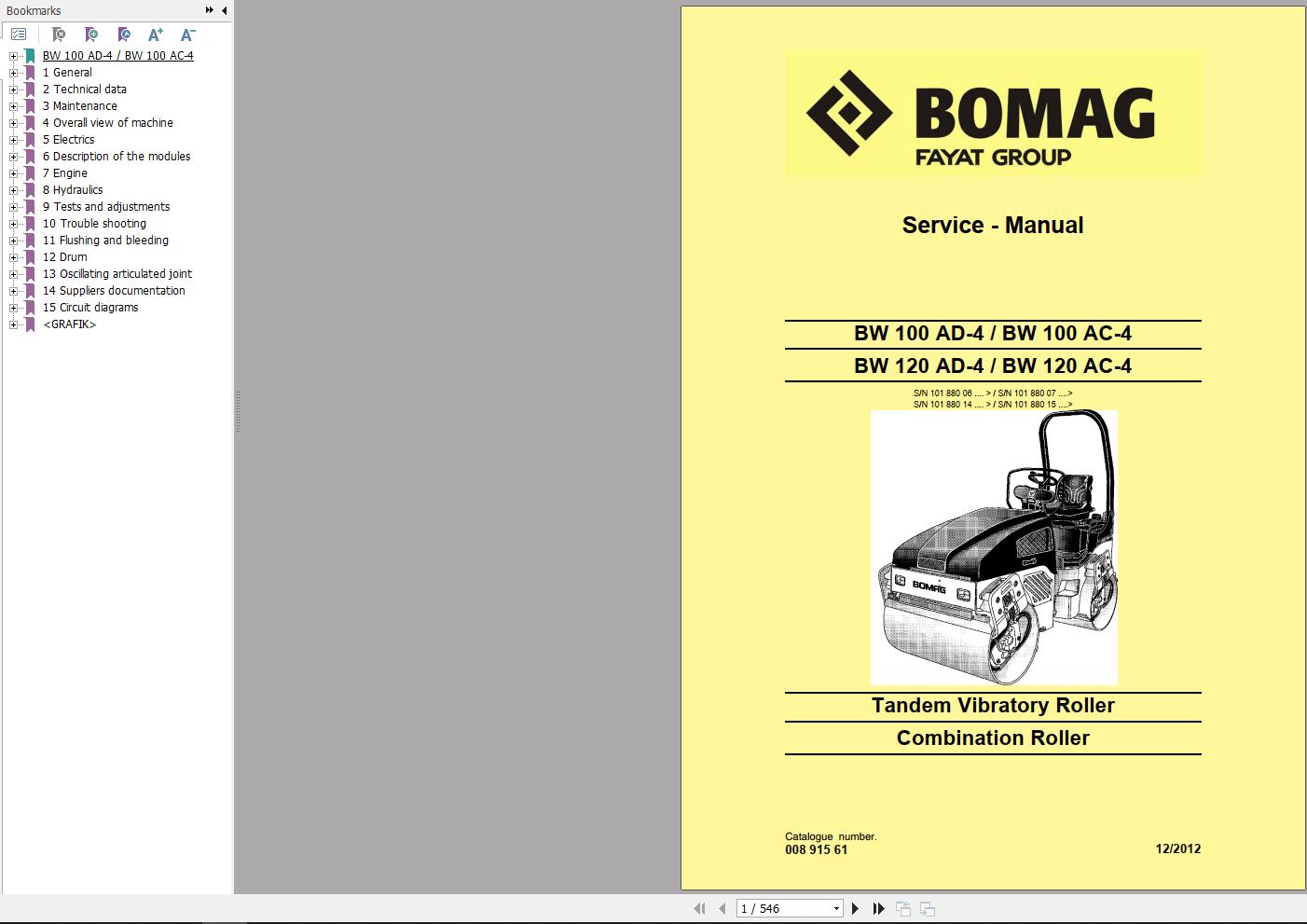 Bomag Machinery BW100AC 4 Service Manual Service Training Operating And Maintenance Instructions EN ES