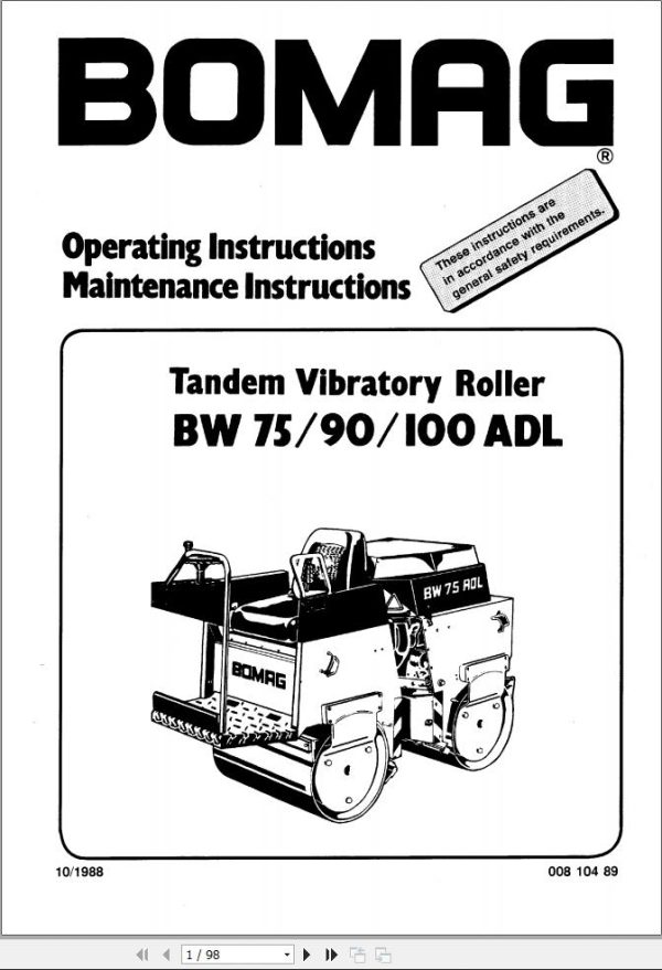 Bomag Machinery BW100ADL Operating Instructions