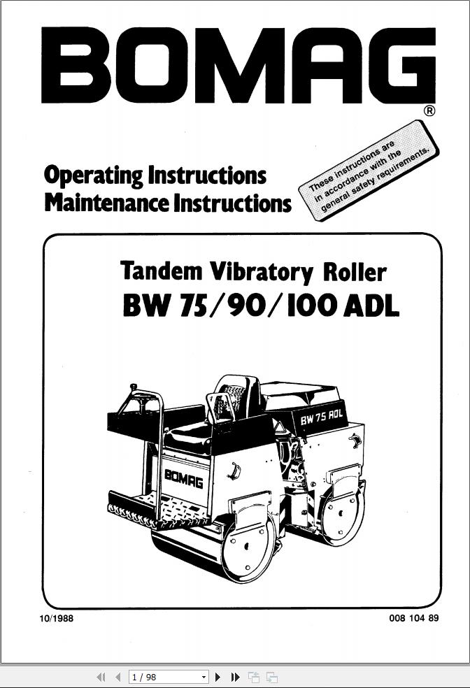 Bomag Machinery BW100ADL Operating Instructions