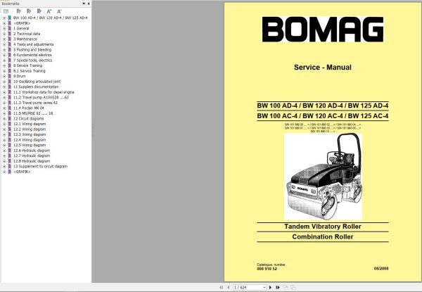 Bomag Machinery BW120AD 4 Service Manual Service Training Operating And Maintenance Instructions EN ES
