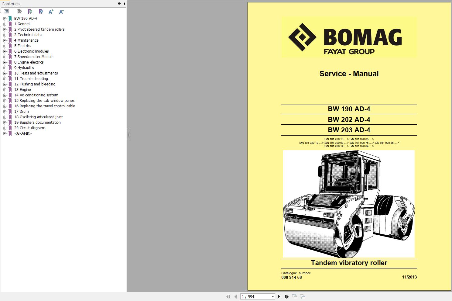 Bomag Machinery BW202AD 4 Service Manual Service Training Operating And Maintenance Instructions
