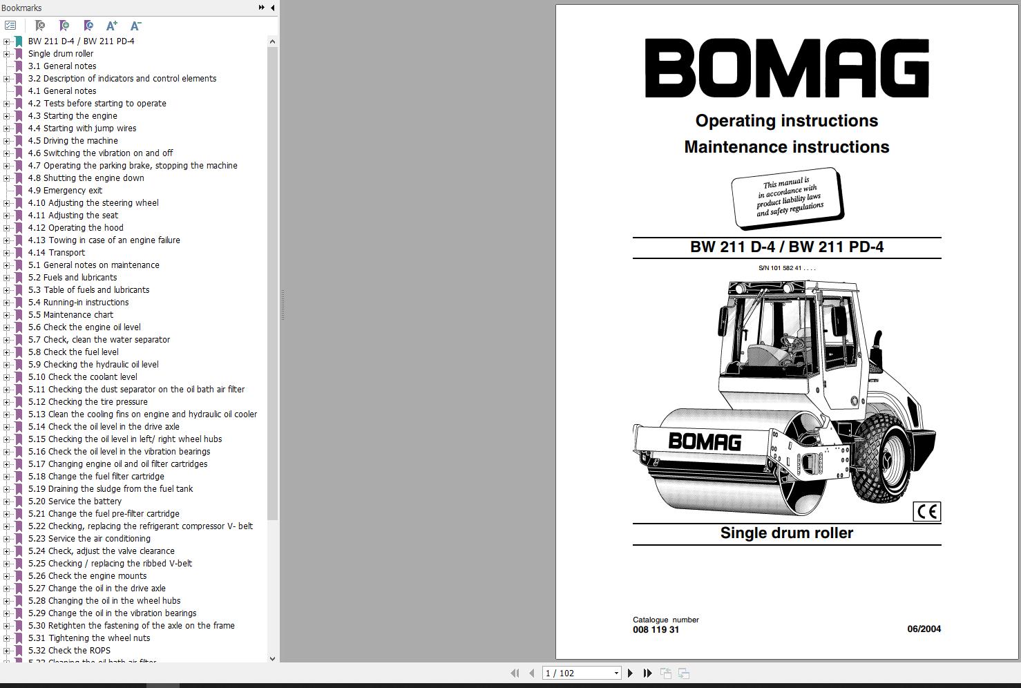 Bomag Machinery BW211PD 4 Service Operation And Maintenance Instruction EN ES
