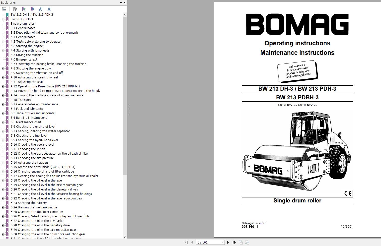 Bomag Machinery BW213 PDBH 3 Operating And Maintenance Instruction