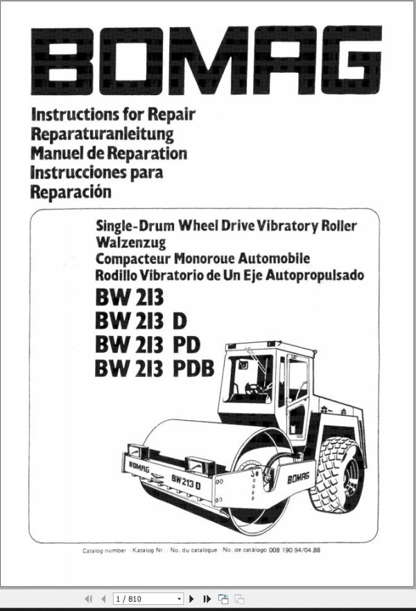 Bomag Machinery BW213D BW213PD BW213PDB Instruction For Repair EN DE FR ES
