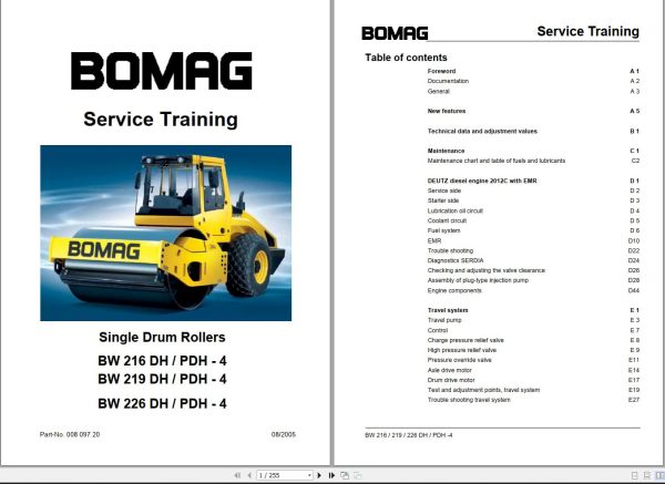Bomag Machinery BW219PDH 4 Operating Instruction Service Manual Service Training EN ES FR