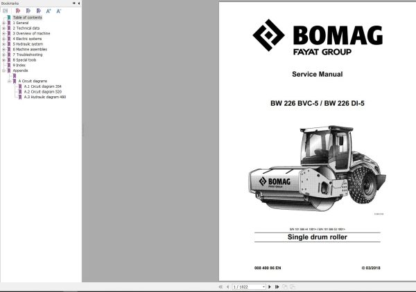 Bomag Machinery BW226 BVC 5Deutz TCD 6.1 L6 Service Manual Operation And Maintenance Instruction