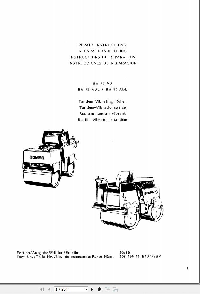 Bomag Machinery BW75AD Instructions Repair EN DE FR ES