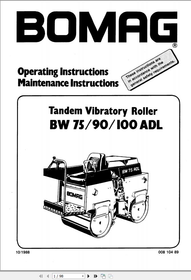 Bomag Machinery BW90ADL Instructions Repair Operating Instructions EN DE FR ES