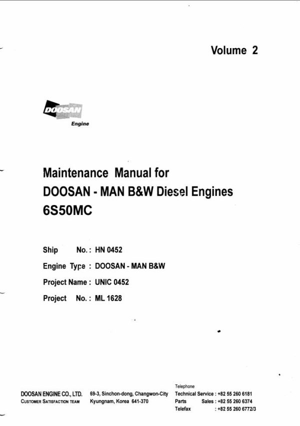 Doosan Diesel Engine MAN BW 6S50MC Maintenance Manual