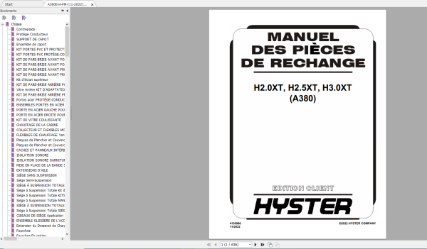 Hyster Forklift A380 H2.0XT H2.5XT H3.0XT Parts Manual 11.2022 4150966 FR 1