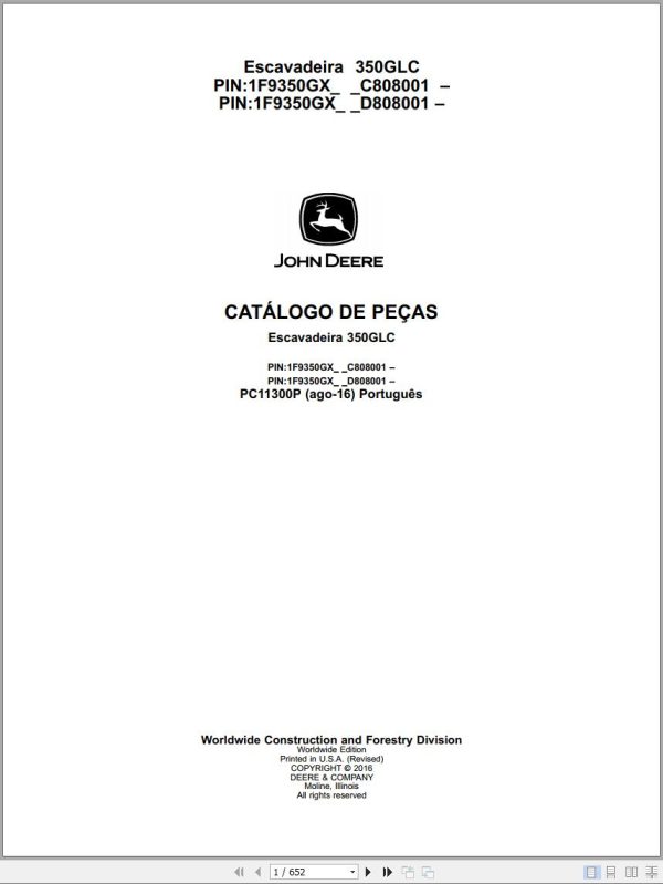 John Deere Bulldozer 350GLC Parts Catalog PC11300P PT