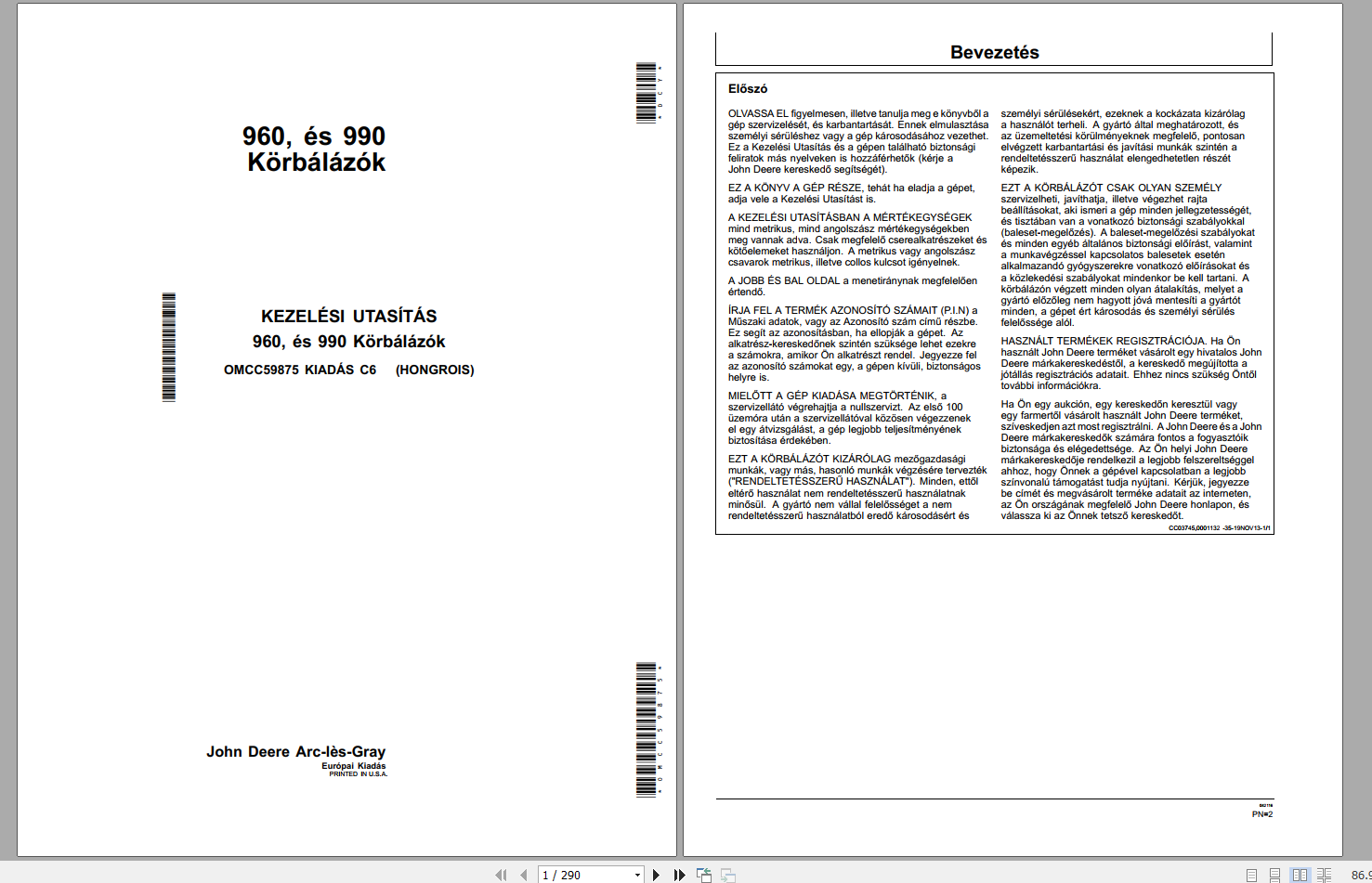 John Deere Round Balers 960 990 Operators Manual OMCC59875 HU 1