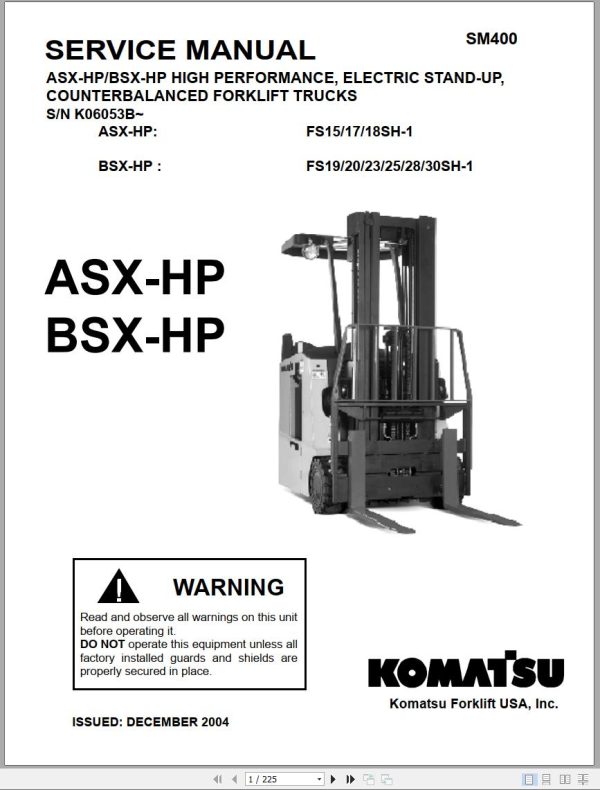 Komatsu Forklift ASX HP BSX HP High Performance Stand up Counterbalanced Service Manual SM400