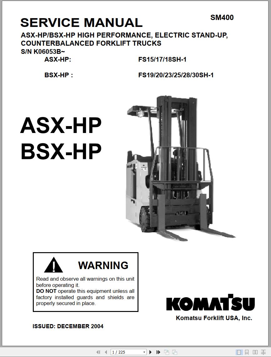 Komatsu Forklift ASX HP BSX HP High Performance Stand up Counterbalanced Service Manual SM400
