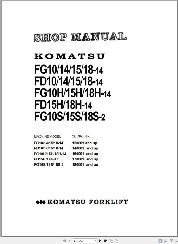 Komatsu Forklift FG10 4 to FG18H 14 FD10 14 to FD18H 14 Shop Manual
