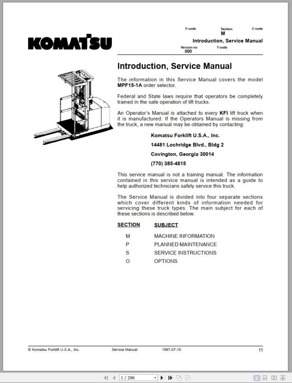 Komatsu Forklift MPF15 1A Service Manual