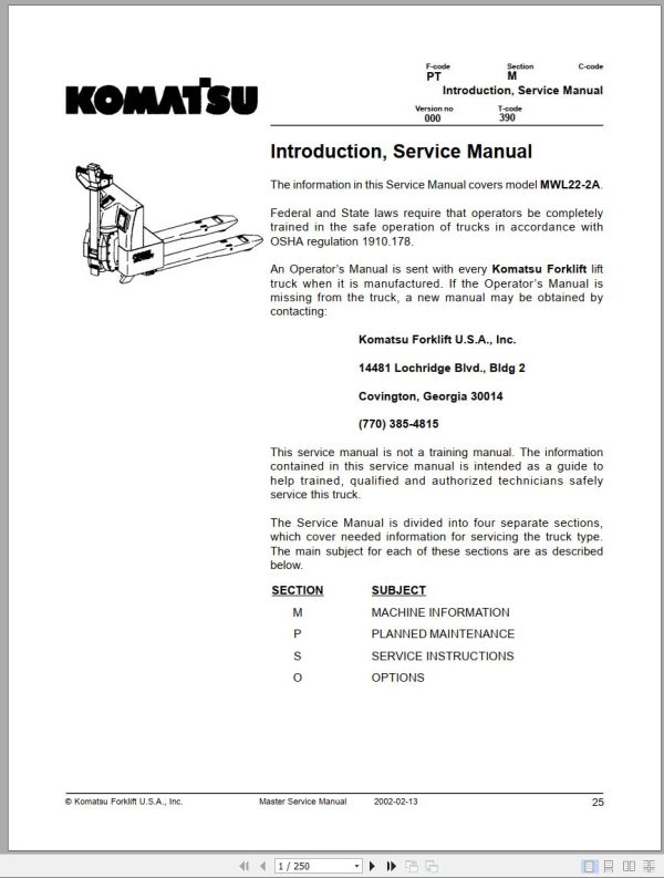 Komatsu Forklift MWL22 2A Service Manual