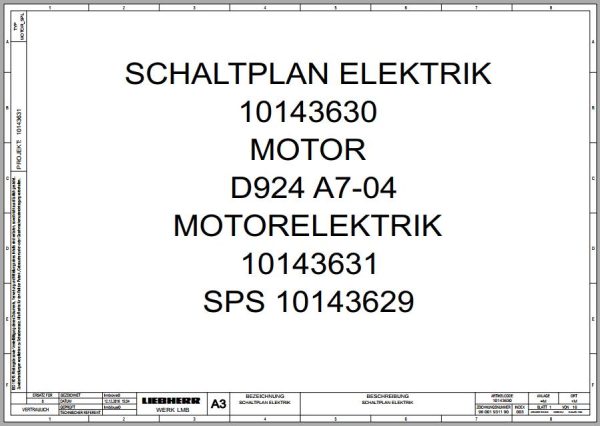 Liebherr Diesel Engine D924 A7 04 Electric Diagram 10143629 DE
