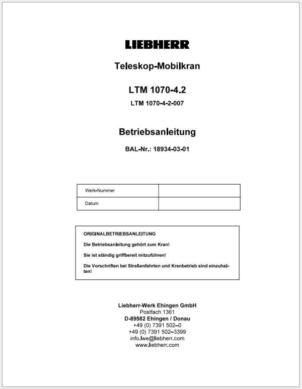 Liebherr LTM 1070 4.2 Z60861 Operation Manuals Circuit Diagrams EN DE 2