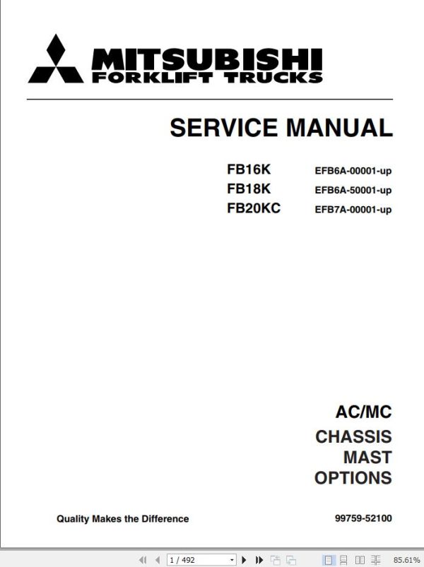 Mitsubishi Forklift FB16K FB18K FB20KC Service Manual