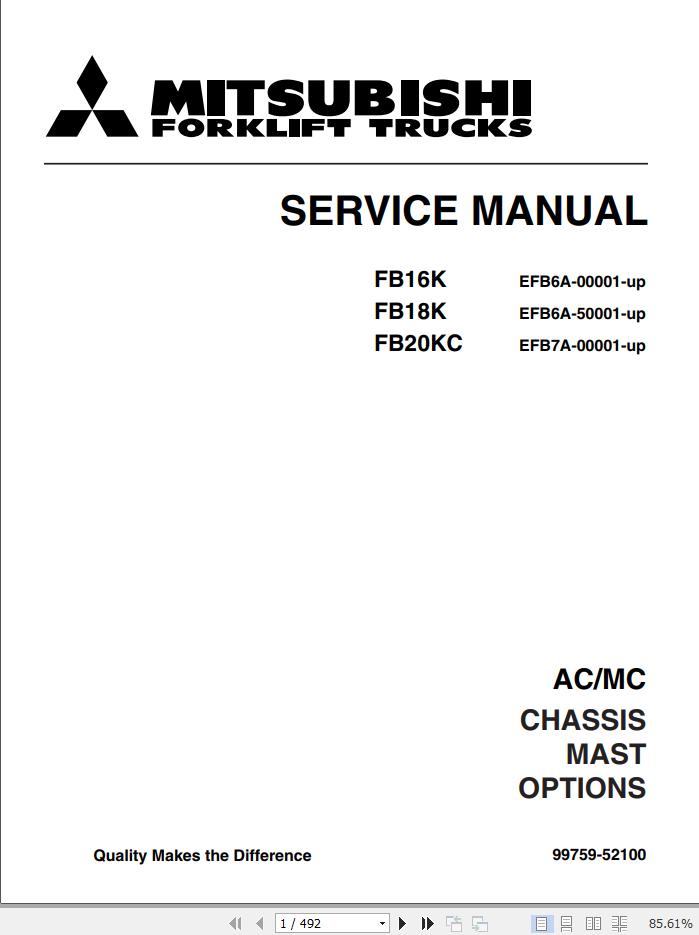 Mitsubishi Forklift FB16K FB18K FB20KC Service Manual